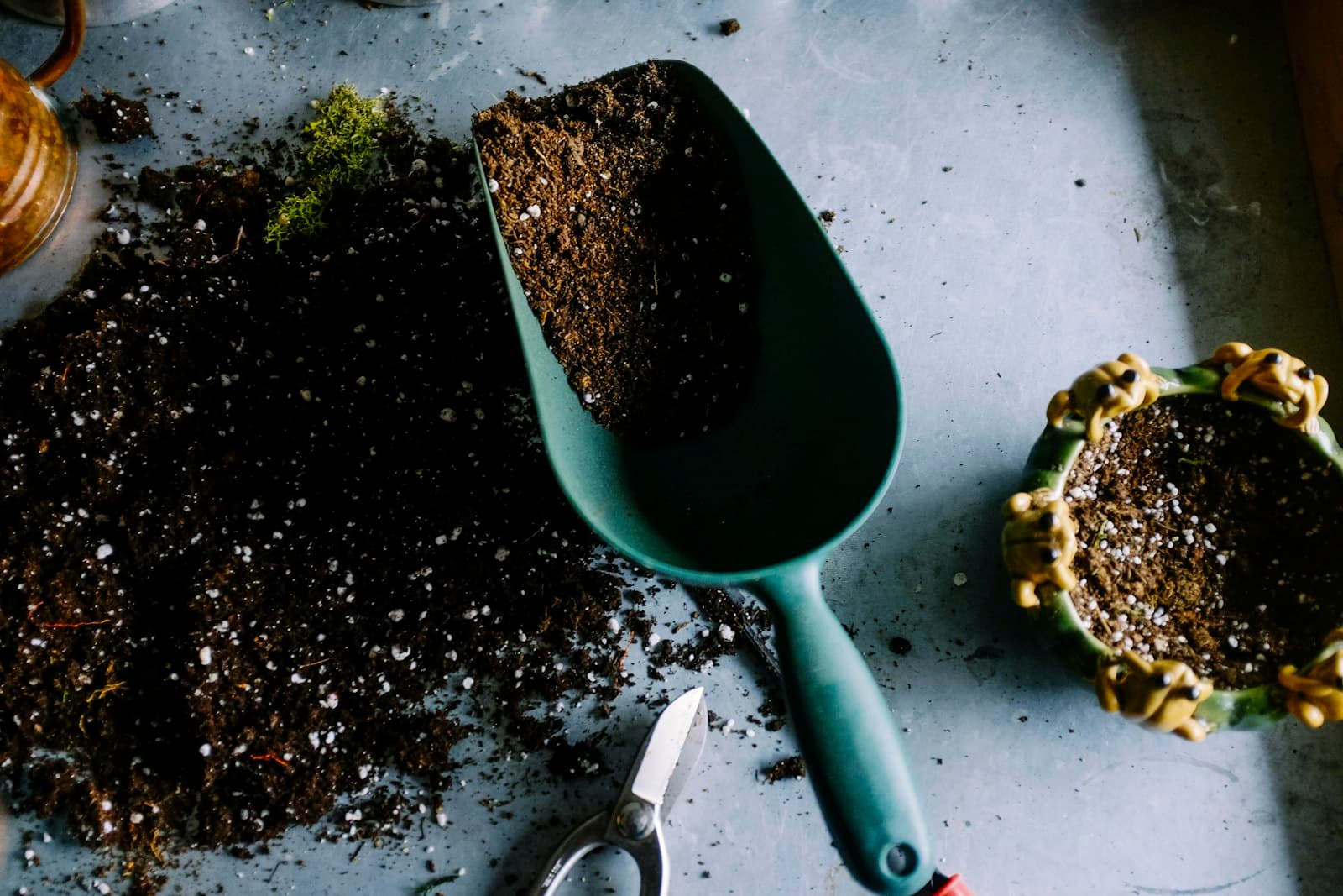 Outils de jardinage, terreau et sécateur préparés pour l'entretien des massifs