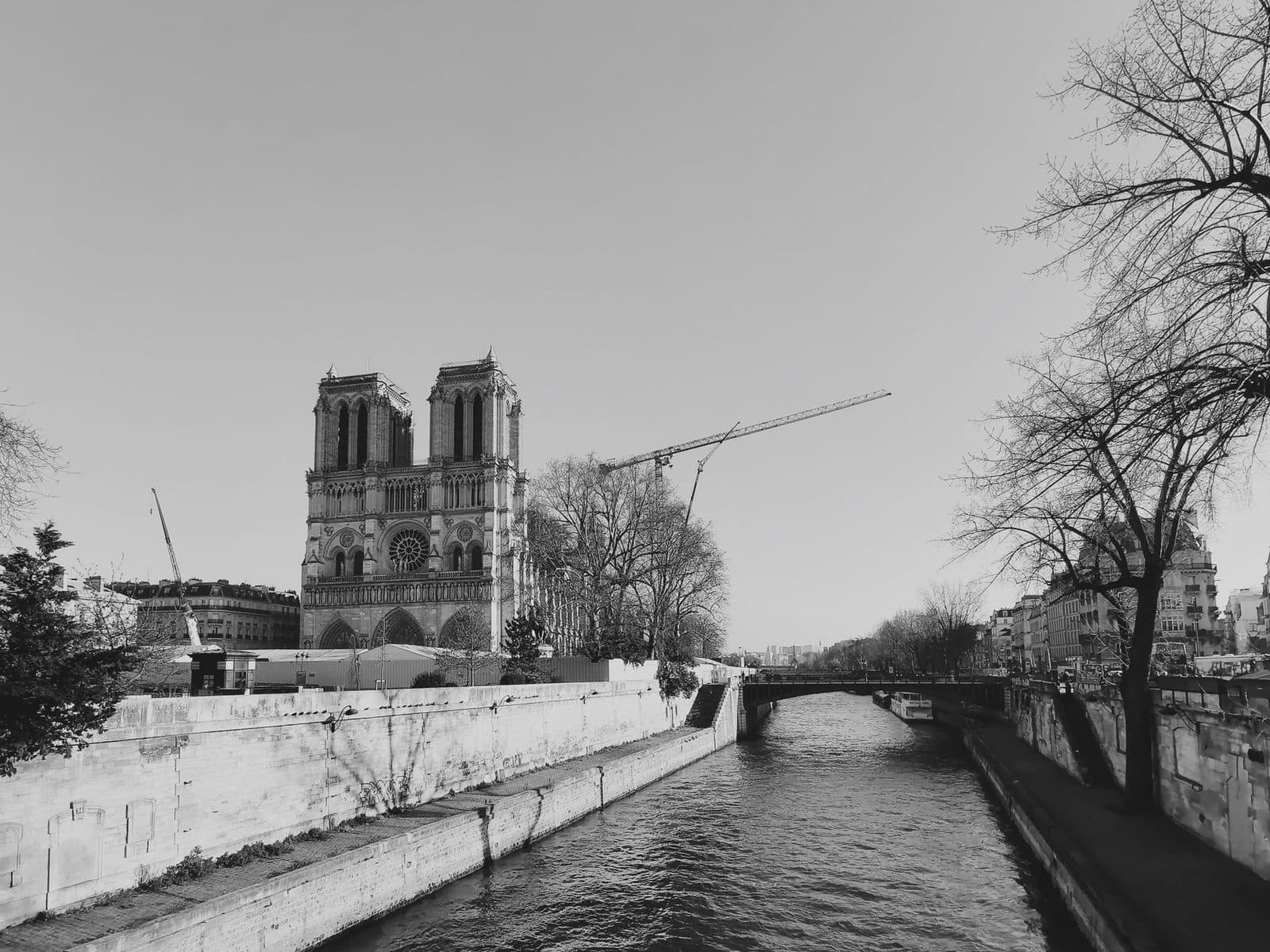 Chantier de restauration de Notre-Dame de Paris avec grues et palissades le long de la Seine, en noir et blanc