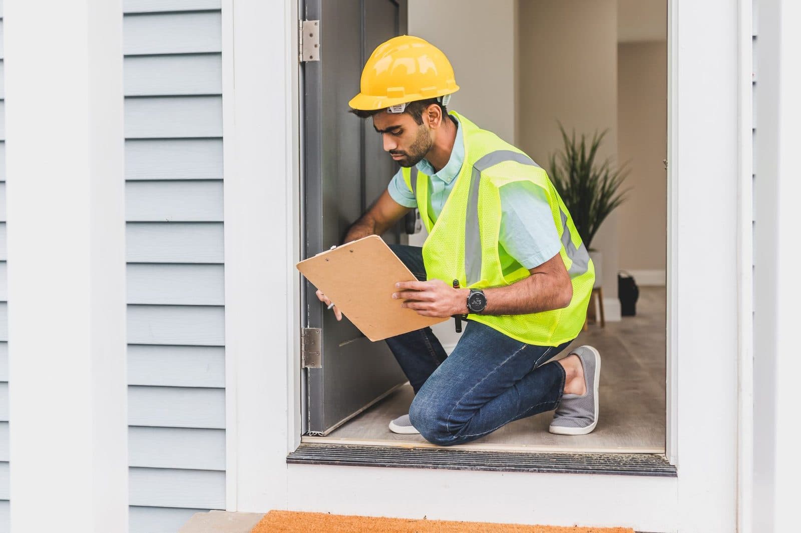 Technicien en casque jaune et gilet fluo accroupi sur le seuil d'une maison, prenant des notes sur un bloc-notes