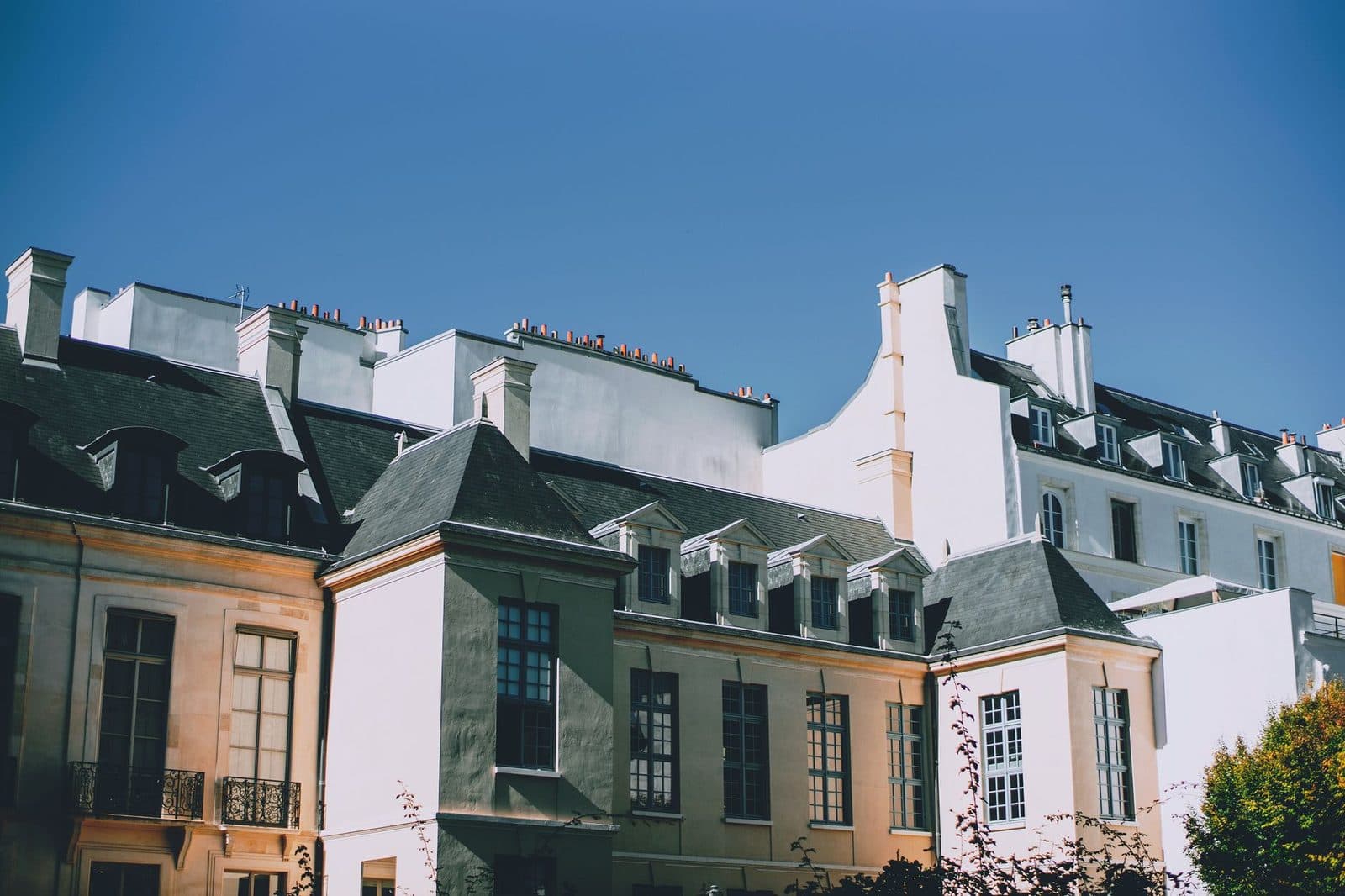 Façades et toitures en zinc d'immeubles haussmanniens parisiens avec lucarnes et cheminées sous un ciel bleu
